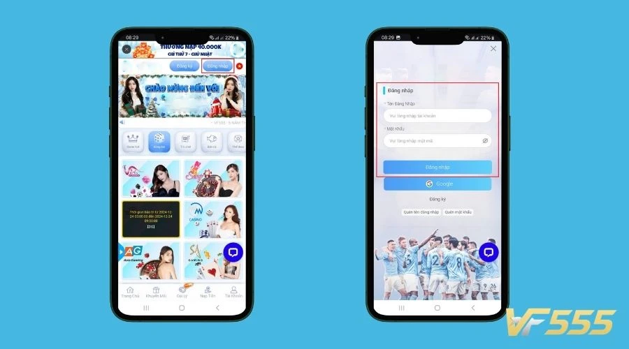 Đăng nhập tài khoản VF555 trên mobile