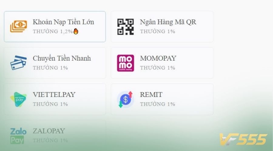 VF555 cung cấp đa dạng hình thức nạp tiền